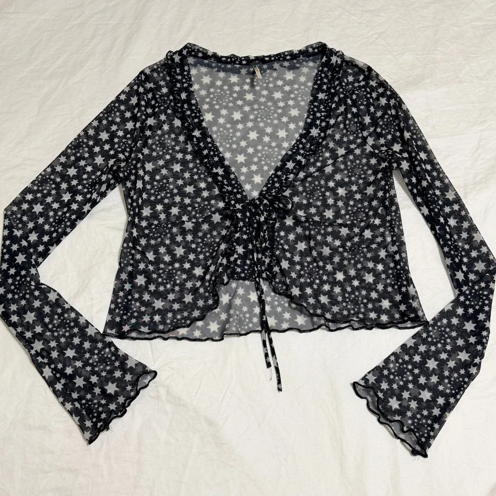 Free People Marne Star Sheer Mesh Top Women Small Black White Celestial Festival